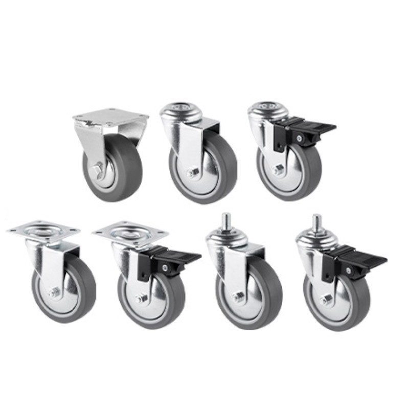 TPR Industrial Caster Wheels with Plate Brakes, Adjustable Stem, Directional & Swivel for Display Carts & Trolleys