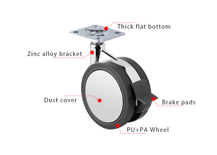 Office Furniture Wheel Zinc Alloy Caster Wheels with Swivel Brake in 2.5" 3" Sizes