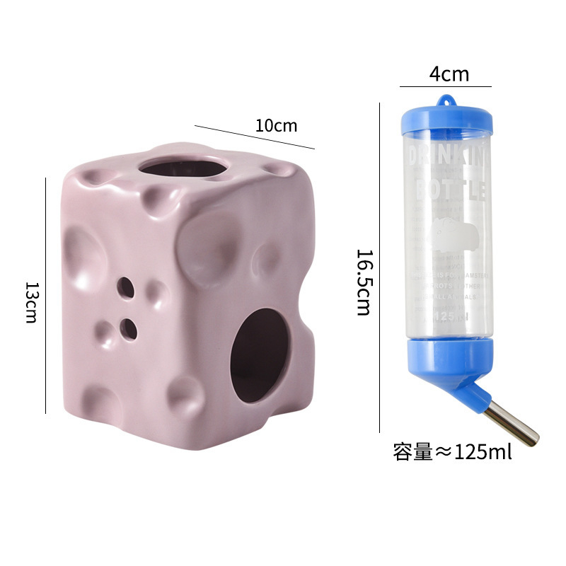 Ceramic Hamster Water Bottle with Cheese Hideout & Leak-Proof Food Dish for Small Pets