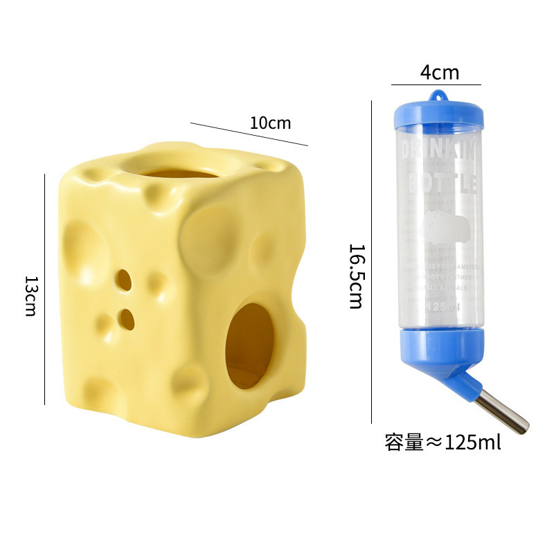 Ceramic Hamster Water Bottle with Cheese Hideout & Leak-Proof Food Dish for Small Pets
