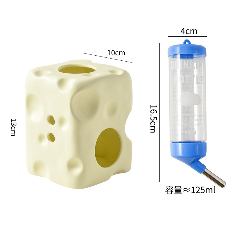 Ceramic Hamster Water Bottle with Cheese Hideout & Leak-Proof Food Dish for Small Pets