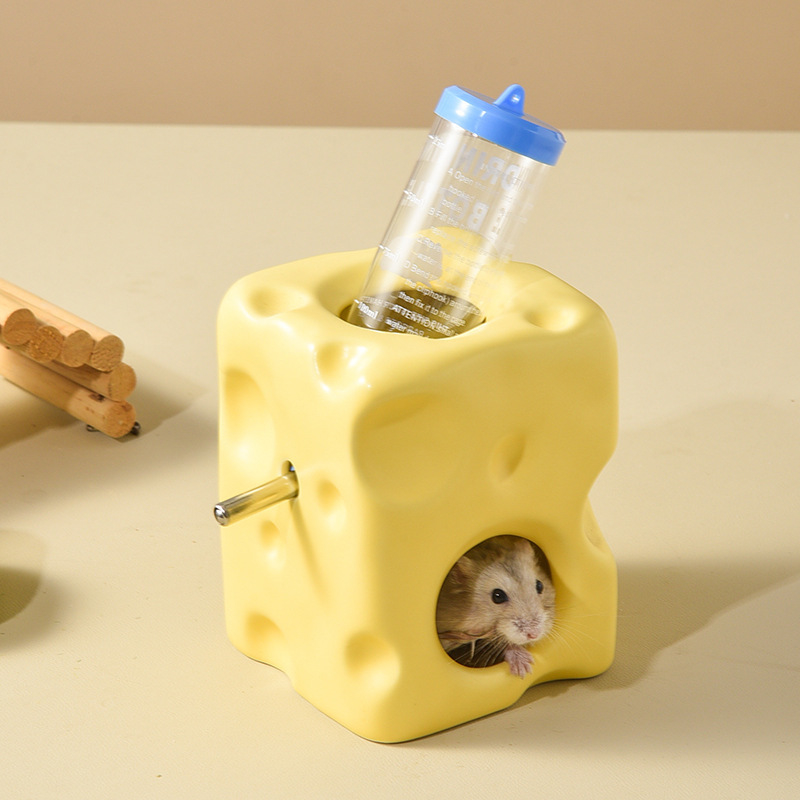 Ceramic Hamster Water Bottle with Cheese Hideout & Leak-Proof Food Dish for Small Pets