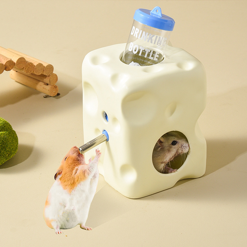 Ceramic Hamster Water Bottle with Cheese Hideout & Leak-Proof Food Dish for Small Pets
