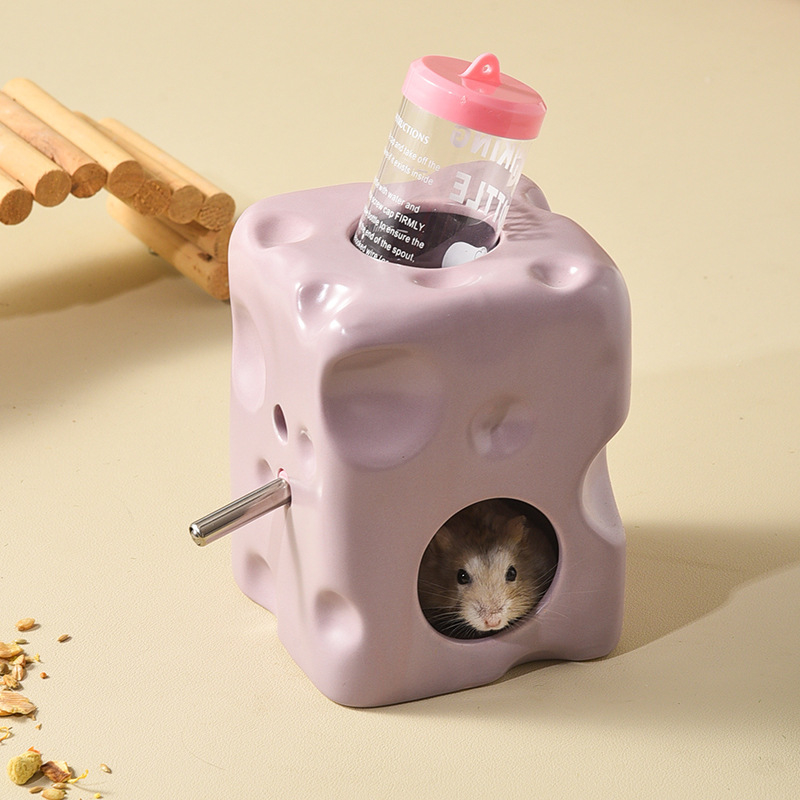 Ceramic Hamster Water Bottle with Cheese Hideout & Leak-Proof Food Dish for Small Pets