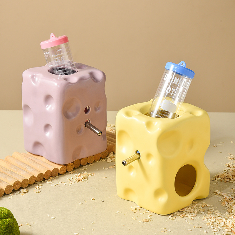 Ceramic Hamster Water Bottle with Cheese Hideout & Leak-Proof Food Dish for Small Pets