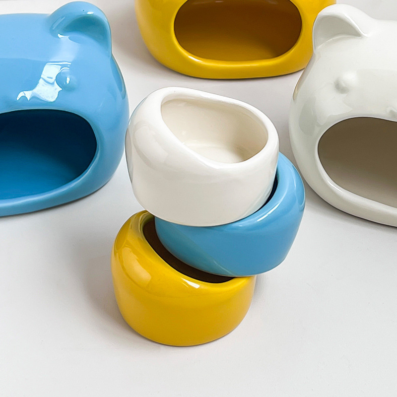 Minimalist Style Splash-Proof Ceramic Hamster Feeder Set Creamy Yellow Food Bowl Water Dish 6.3*6*4cm