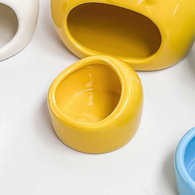 Minimalist Style Splash-Proof Ceramic Hamster Feeder Set Creamy Yellow Food Bowl Water Dish 6.3*6*4cm