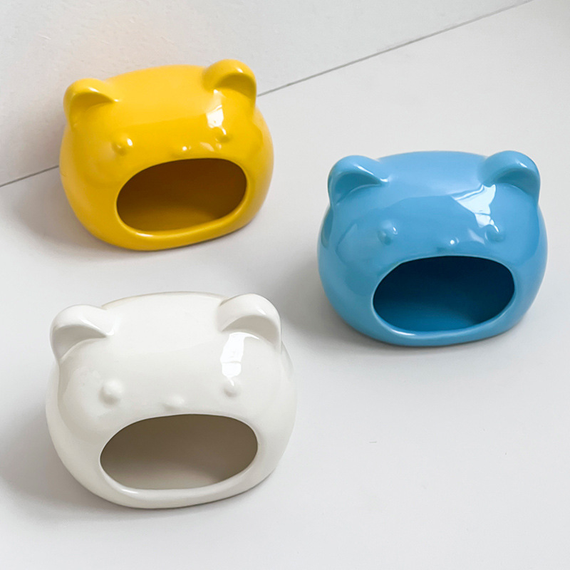 Hamster Ceramic Hideout 11.5*9.2*8.5cm , Bear-Shaped Cooling House for Small Pets