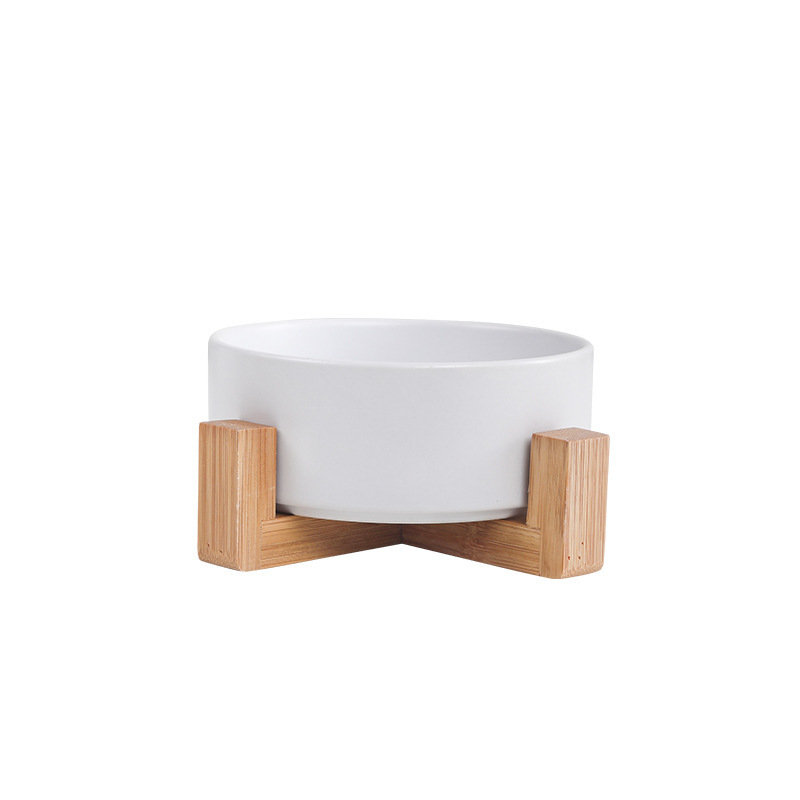 Ceramic Double Pet Bowl with Bamboo Stand for Cats Dogs