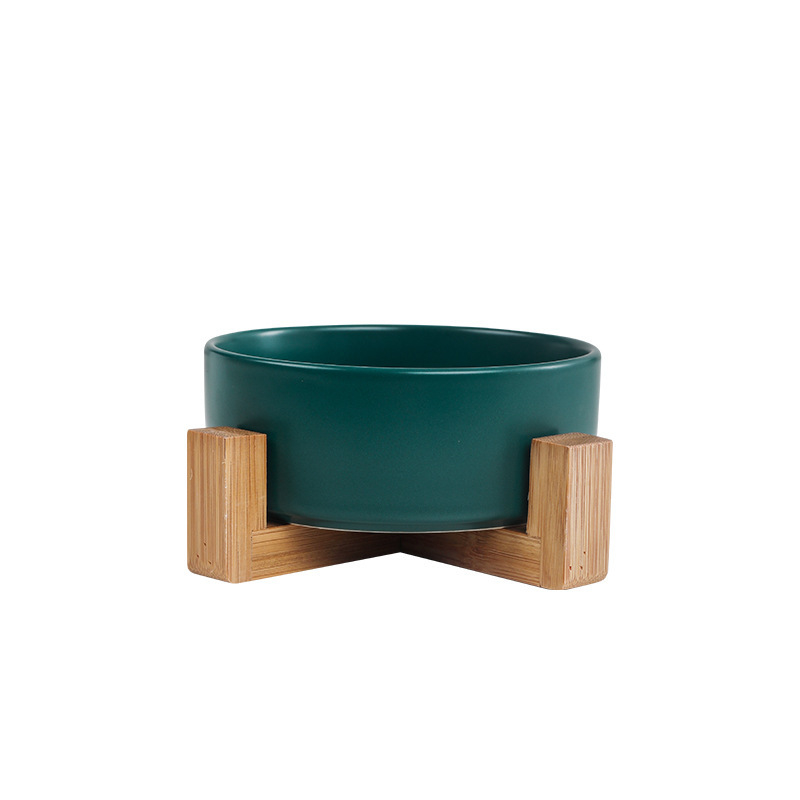 Ceramic Double Pet Bowl with Bamboo Stand for Cats Dogs