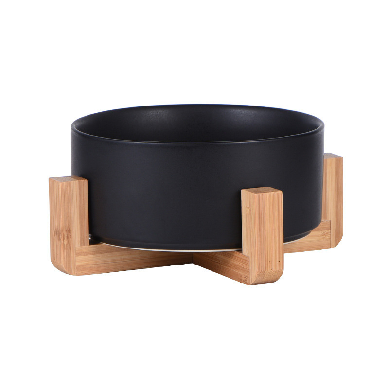 Ceramic Double Pet Bowl with Bamboo Stand for Cats Dogs