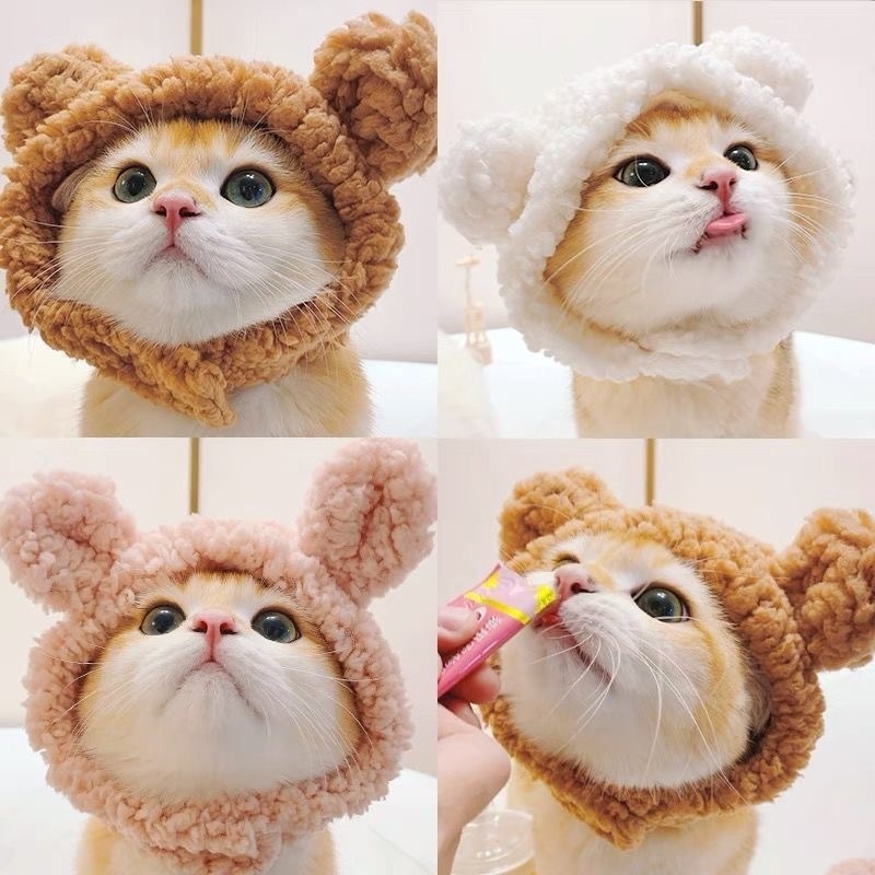 Cashmere Pet Hat for Small Dogs - Adjustable Bear Plush Winter Headpiece